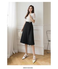 スカート | プリーツひざ下 きれいめ 上品 ハイウェスト スリット Aライン デート 黒 きれい 着痩せ 通勤 OL オシャレ ビジネス 春夏秋冬 脚長効果 オフィス