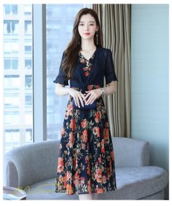 ミディアム | ワンピース レディース 花柄 着痩せ きれいめ おしゃれ 夏 サマーワンピース 膝丈 大きいサイズ 通勤 肩マント ミディアムワンピース お出かけ 気質 二点セット