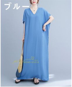 ミディアム | ワンピース マキシワンピース レディース ワンピ ロングワンピース ロングワンピ ロング マキシ 半袖 Vネック 体型カバー 2022夏物 カジュアル 20代30代40代50代