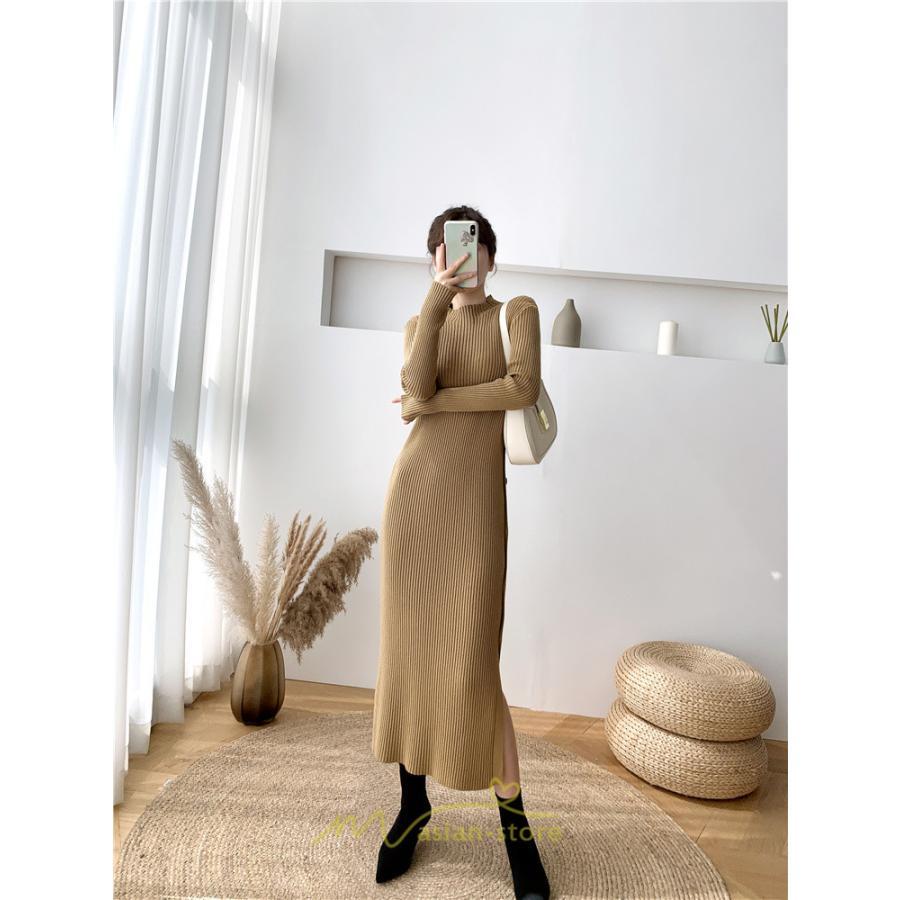 ニットワンピース | レディース 冬 きれいめ ロング おしゃれ 秋冬 長袖 ハイネック サイドスリット セクシー 同窓会 デート 大人フェミニン 女子会 韓国風