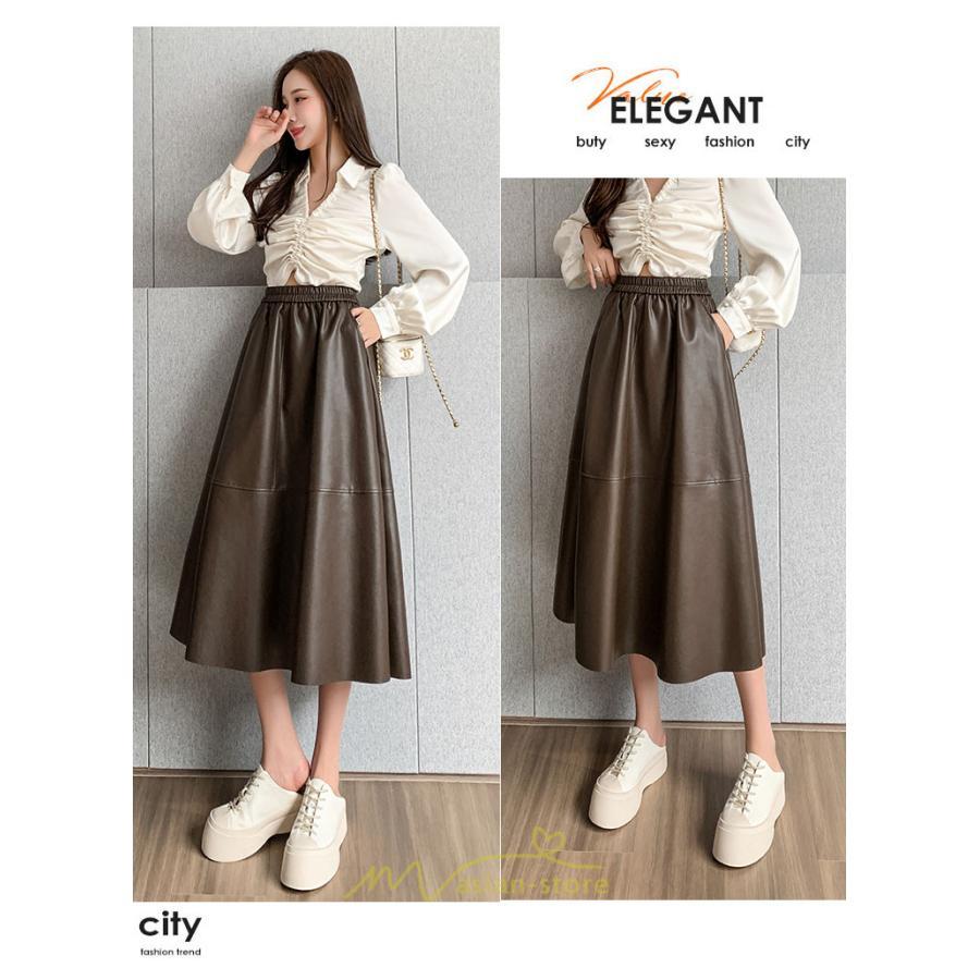 スカート | フレア革レザーボトムス ロングフレアAライン 秋冬 レディース ボトムス 通勤 大人気 キレイめ 着痩せ