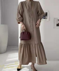 マキシ | シャツワンピース 7分袖 無地 切り替え モックネック シンプル レディース カジュアルワンピース 秋コーデ マーメイドワンピ 前開き Aライン 大きいサイズ 秋