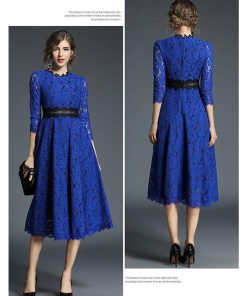 レースワンピース | ミモレフレアパーティードレス 結婚式二次会上品発表会入園式 袖あり七分袖 総レース 裏地あり エレガント シルエット フォーマル