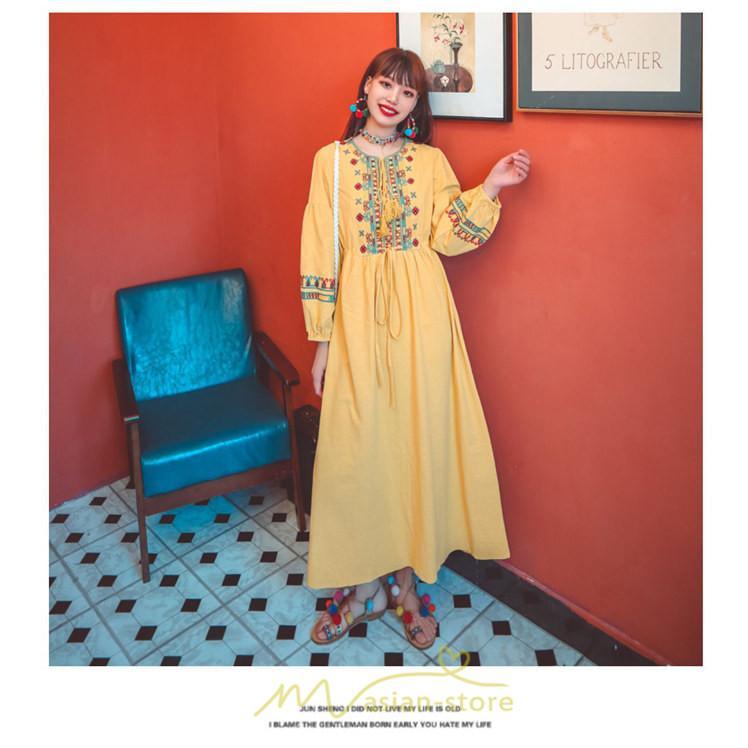 マキシ | ワンピース 長袖 ハイウエスト 綿麻 コットン リネン ロング ロング丈 Aライン ワンピ レディース 着痩せ 体型カバー 丸首 白 黄色 赤 通勤 Vネック 刺繍