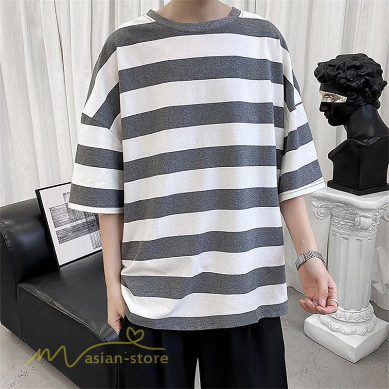 Tシャツ | カットソー 半袖トップス メンズボーダー カジュアル クルーネック ゆったり 夏新作 夏服 シンプル おしゃれ 大きいサイズ 5分袖