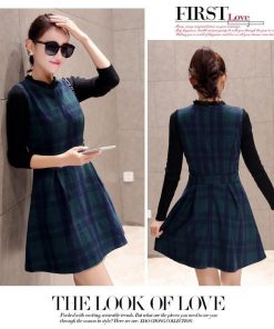 ニットワンピース | 即日秋冬 切り替え チェック柄 ドッキングワンピース ニット セーター 長袖 Aライン 20代30代 クルーネック 大人 可愛い 膝上丈