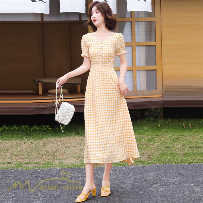 マキシ | ワンピース レディース チェック柄 きれいめ おしゃれ ゆったり ロング丈 着痩せ 春 夏 着痩せ ロングワンピース 上品 韓国風 バックファスナー エレガント