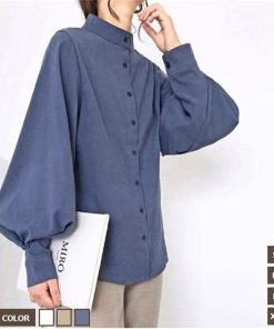 シャツ・ブラウス | シャツブラウス レディーストップス スタンドカラーブラウス 長袖ブラウス 無地シャツ バルーンスリーブ 春夏 リゾート ゆったり エレガント 通学通勤