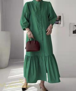 マキシ | シャツワンピース 7分袖 無地 切り替え モックネック シンプル レディース カジュアルワンピース 秋コーデ マーメイドワンピ 前開き Aライン 大きいサイズ 秋