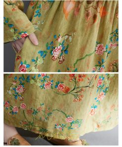 マキシ | ワンピース 大きいサイズ レディース  楽ちん 美人 コットン 夏 秋 新作 ぽっちゃり ゆったり 長袖 お腹 太もも 華奢 花柄 丸首 ポケット 黄色 美脚 着痩せ 通勤