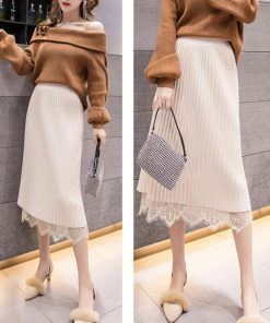 タイトスカート | ストレッチ ミモレ丈 リブ編み リブニットスカート 暖か スリット 裾レース ボトムス ウエストゴム スカート ロングスカート