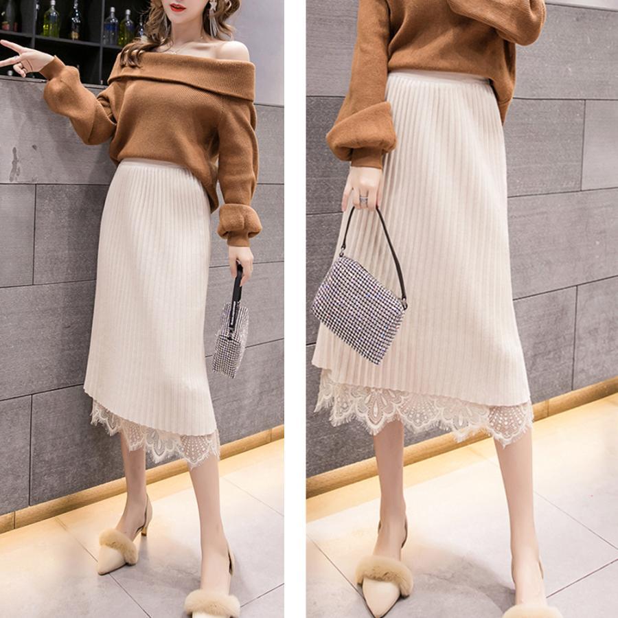 タイトスカート | ストレッチ ミモレ丈 リブ編み リブニットスカート 暖か スリット 裾レース ボトムス ウエストゴム スカート ロングスカート