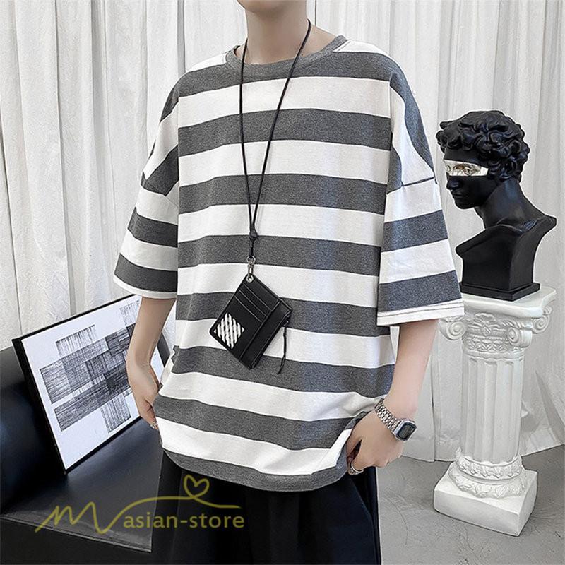 Tシャツ | カットソー 半袖トップス メンズボーダー カジュアル クルーネック ゆったり 夏新作 夏服 シンプル おしゃれ 大きいサイズ 5分袖