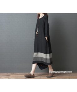 マキシ | リネンワンピース50代レディース綿麻風 長袖秋物 丸ネック 無地 Aラインワンピース ミモレ丈ワンピース サイドポケット ワンピース 30代40代 シンプル 大人