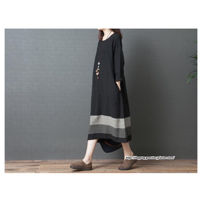 マキシ | リネンワンピース50代レディース綿麻風 長袖秋物 丸ネック 無地 Aラインワンピース ミモレ丈ワンピース サイドポケット ワンピース 30代40代 シンプル 大人