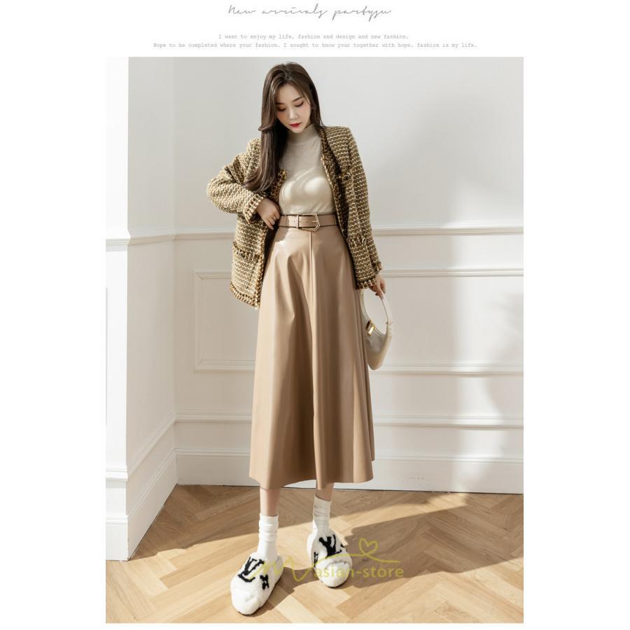 スカート | レザーフレアロング レディース ベルト付き ボトムス ロングAライン ミモレ丈 かっこいい 着痩せ キレイめ スリット