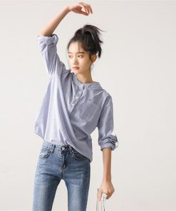 シャツ・ブラウス | 長袖シャツ レディース トップス ブラウス ストライプ 立てカラー 20代30代40代 五分袖に変える 可愛い ポケット