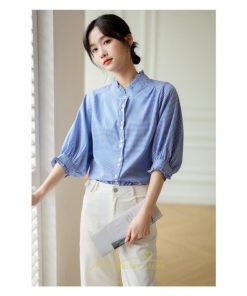 シャツ・ブラウス | ブラウス コットン 七分袖 レディース 青 入学式 入園式 卒業式 卒園式 フォーマル 結婚式 ママ 着痩せ 華奢見え OL お仕事 20代30代40代 通勤 新作 ビジネス