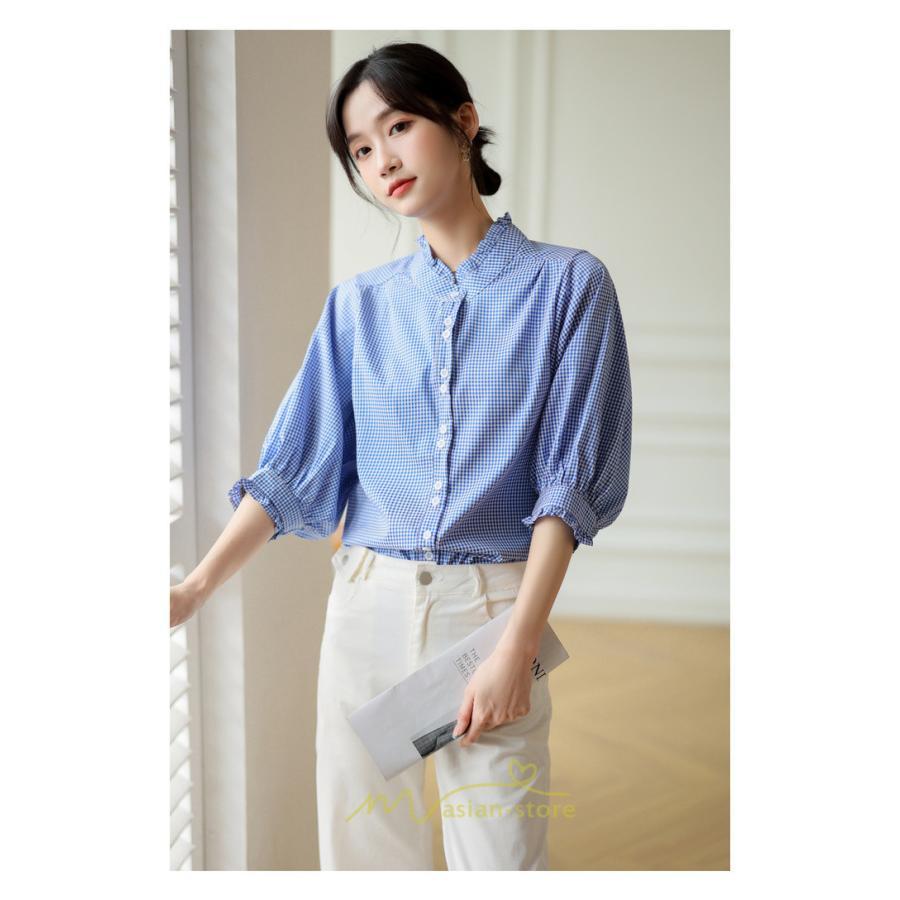 シャツ・ブラウス | ブラウス コットン 七分袖 レディース 青 入学式 入園式 卒業式 卒園式 フォーマル 結婚式 ママ 着痩せ 華奢見え OL お仕事 20代30代40代 通勤 新作 ビジネス