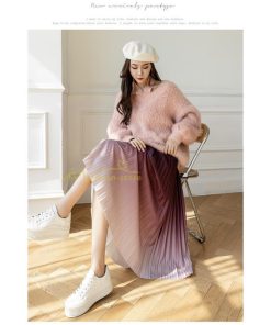 スカート | プリーツロングミモレ丈 グラデーションAラインウエストゴム ハイウエスト 秋冬 無地 ゆったり 大人 通学通勤