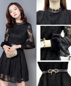 ワンピース | 総レース パーティードレス スカラップ ベルト付き パフスリーブ フレアワンピ 披露宴 レディース 透け感