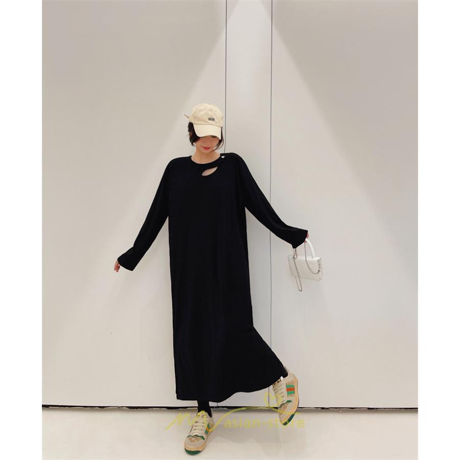 マキシ | 秋ワンピース 黒ワンピース ロングワンピース 秋物 レディース ワンピース 長袖ワンピース 30代40代 裾スリット 着痩せ 秋服 大人 通学通勤 無地 大きいサイズ