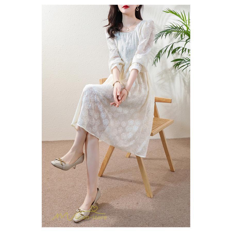 ミディアム | Aラインワンピース 秋コーデ レディース 長袖 膝丈ワンピース 腰リボン付き 刺繍 パフスリーブ 美ライン シルエット 大人 無地 オフィス お呼ばれ フォーマル