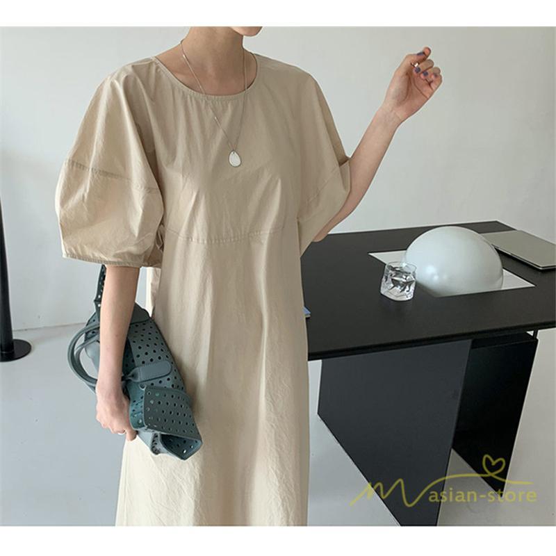 マキシ | ワンピース レディース パフスリーブロングワンピース ハーフスリーブ マキシワンピース ロング丈 半袖 マキシ丈 送料無料 韓国ファッション カジュアル