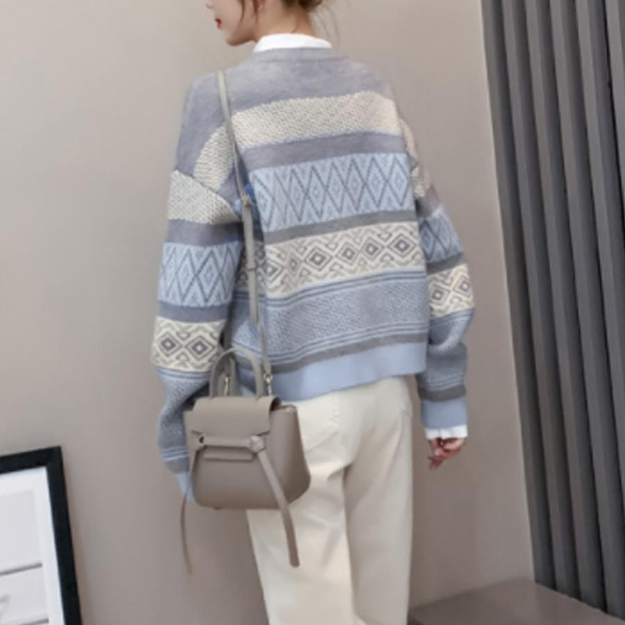 ニット・セーター | 幾何学柄カーディガン配色切替え韓国風