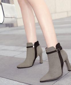 ショートブーツ | レディース スエードブーティ 裏起毛 ポインテッドトゥ 太ヒール 靴