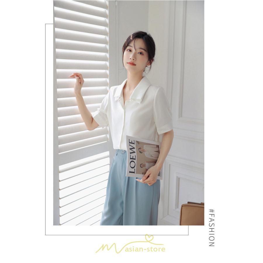 シャツ・ブラウス | トップス ブラウス 半袖 シャツ レディース オフィス フォーマル 白 黒 開襟 二重襟 バブルスリーブ 着痩せ フランス風 仕事服 クラシック 無地 通勤 大人 上品