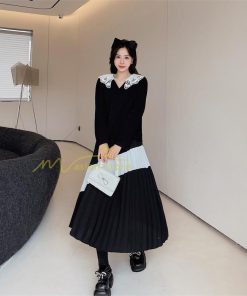 マキシ | 切り替えワンピース 秋 レディース 裾プリーツワンピース ロングワンピース ゆったり 大きいサイズ 秋物 長袖 30代50代 大人 プリーツ 可愛い Vネック