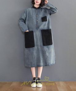 デニムワンピース | ワンピース レディース ロングワンピース 夏 おしゃれ 春 秋 長袖 ポケット付き 体型カバー 着痩せ 可愛い スリット 20代30代40代50代