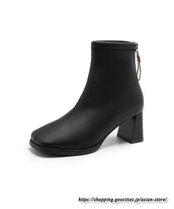 ショートブーツ | レディース 春秋ブーツ スクエアトゥ ブーツ チャンキーヒール 太ヒール 後ろファスナー 靴 通学通勤 黒ブーツ 大人 シューズ ミドルヒール