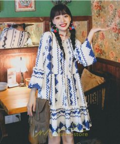 ミニ丈 | ワンピース 夏秋 レディース 長袖 綿麻 ひざ上 ショート かわいい リゾート 休み 旅行 お出かけ 華やか 着痩せ ゆったり 幾何学柄 エスニック風 Vネック 民族風