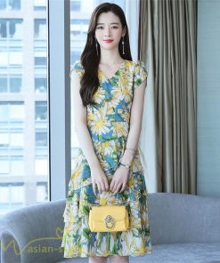 ミディアム | ワンピース レディース Vネック 半袖 花柄 おしゃれ Aライン ミディアムワンピース 着やせ エレガント 大きいサイズ 上品 膝丈 20代 30代 大人 40代