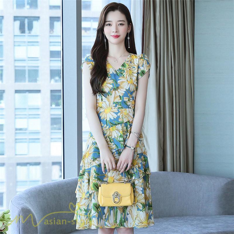 ミディアム | ワンピース レディース Vネック 半袖 花柄 おしゃれ Aライン ミディアムワンピース 着やせ エレガント 大きいサイズ 上品 膝丈 20代 30代 大人 40代