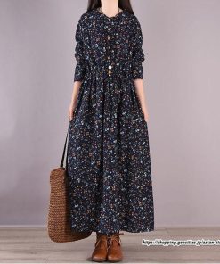 マキシ | 花柄ワンピース30代レディース秋物 リネンワンピース 綿麻風 シャツワンピース ロングワンピース ミモレ丈 長袖ワンピース リボン付き 秋ワンピース 大人