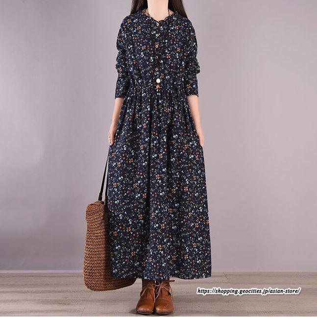マキシ | 花柄ワンピース30代レディース秋物 リネンワンピース 綿麻風 シャツワンピース ロングワンピース ミモレ丈 長袖ワンピース リボン付き 秋ワンピース 大人