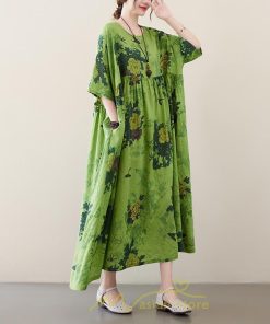 マキシ | ワンピース レディース 大きいサイズ 半袖 ロング丈 マキシ丈 クルーネック コットン 花柄 緑 夏 体型カバー 広がる裾 着痩せ 美シルエット ゆったり ポケット