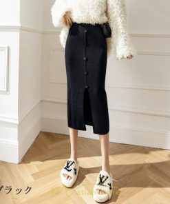 スカート | レディース ロング丈 ミモレ丈 ニット 秋冬 韓国風 スリット ハイウエスト Aライン 着痩せ 小柄 大人可愛い 20代30代40代50代 フェミニン 脚長効果