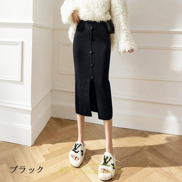スカート | レディース ロング丈 ミモレ丈 ニット 秋冬 韓国風 スリット ハイウエスト Aライン 着痩せ 小柄 大人可愛い 20代30代40代50代 フェミニン 脚長効果
