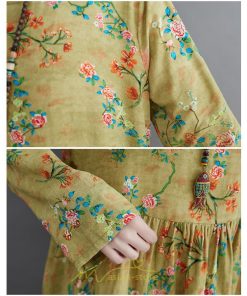 マキシ | ワンピース 大きいサイズ レディース  楽ちん 美人 コットン 夏 秋 新作 ぽっちゃり ゆったり 長袖 お腹 太もも 華奢 花柄 丸首 ポケット 黄色 美脚 着痩せ 通勤