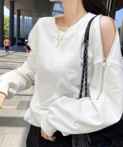 Tシャツ・カットソー | スウェット トレーナー 肩出しトップス カジュアル ファスナー オープンショルダー 体型カバー セクシー ゆったり クルーネック