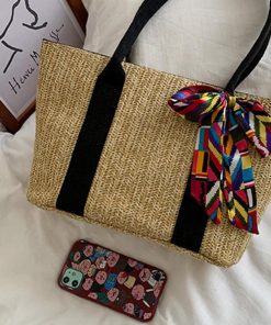 ハンドバッグ | 草編みバッグ リボン スカーフ付き かごバッグ 手提げバッグ レディース ストローバッグ 大容量 トートバッグ ハンドバッグ