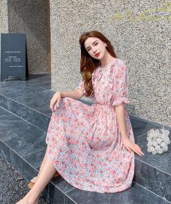 ミディアム | ワンピース プリーツフレア フェミニン Aライン リボンデザイン 小花柄 リゾートワンピ ウエストゴム ハイウエスト 2020新制作 ピンタック 夏コーデ 薄手