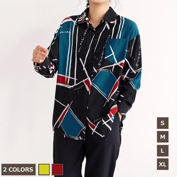 シャツ・ブラウス | シャツ ブラウスシャツ レディース トップス 長袖 ポロネックシャツ ブラウス シャツブラウス 春 夏 秋 レトロ カジュアル シャツ リゾート 幾何学模様