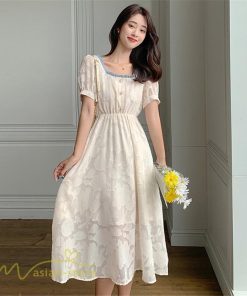 ミディアム | ワンピース レディース 着痩せ スクエアネック 上品 可愛い 半袖 ハイウエスト 透け感 Aラインワンピース 韓国風 20代 お出かけ 通勤通学 30代 きれいめ 40代