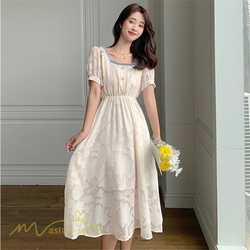 ミディアム | ワンピース レディース 着痩せ スクエアネック 上品 可愛い 半袖 ハイウエスト 透け感 Aラインワンピース 韓国風 20代 お出かけ 通勤通学 30代 きれいめ 40代