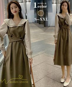 ミディアム | ワンピース 春 秋 ハイウエスト レディース 長袖 Aラインワンピース 通勤 通学 お出かけ 大人 上品 長袖ワンピース 通学 シンプル 通勤 切り替え 無地 大人